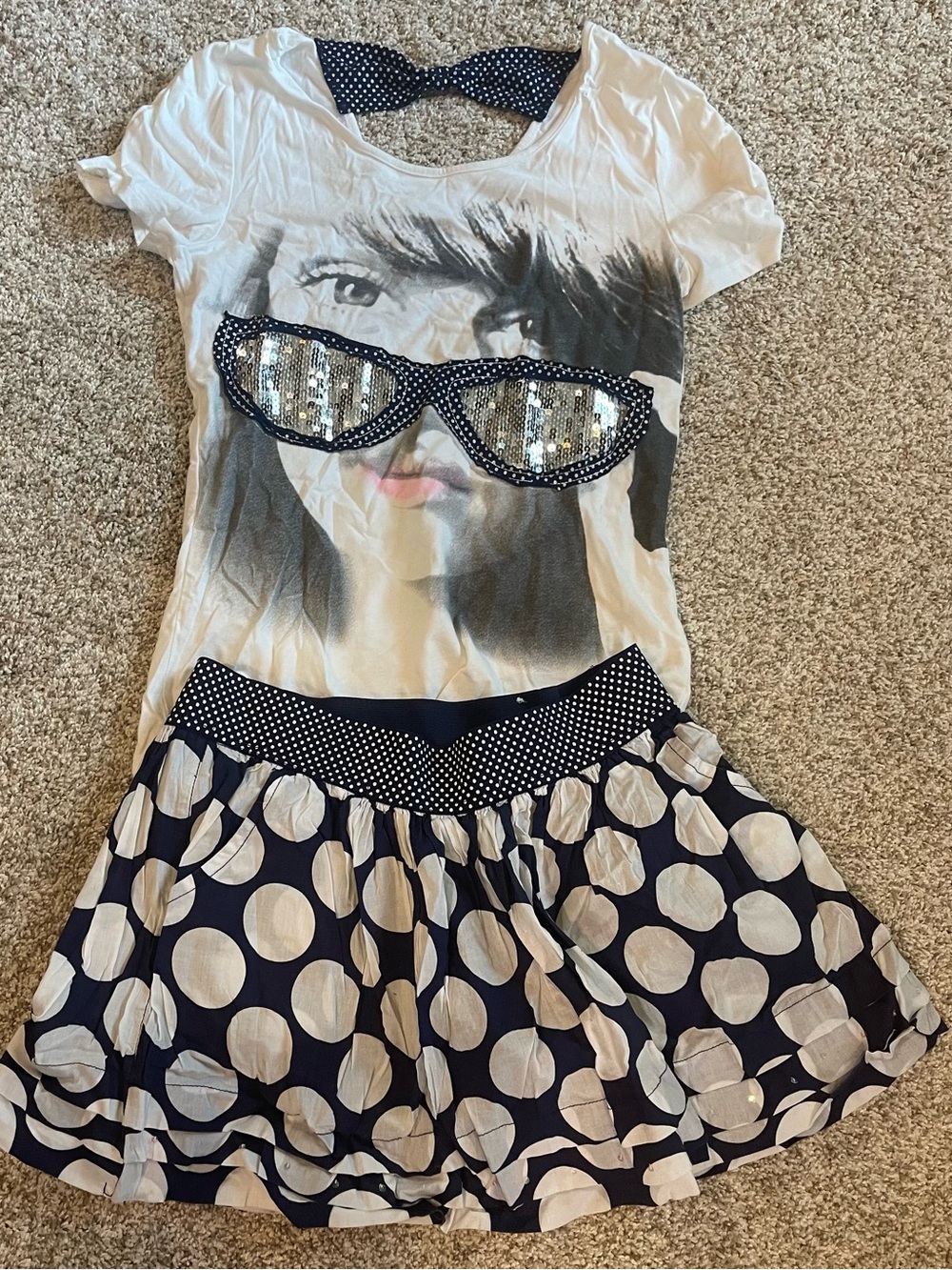 Girls xl justice lot 16 Navy white dress tank skirt cardigan matching set dots